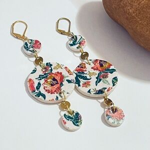 Handmade Floral Multi-Disk Dangle Earrings - White with Coral & Teal